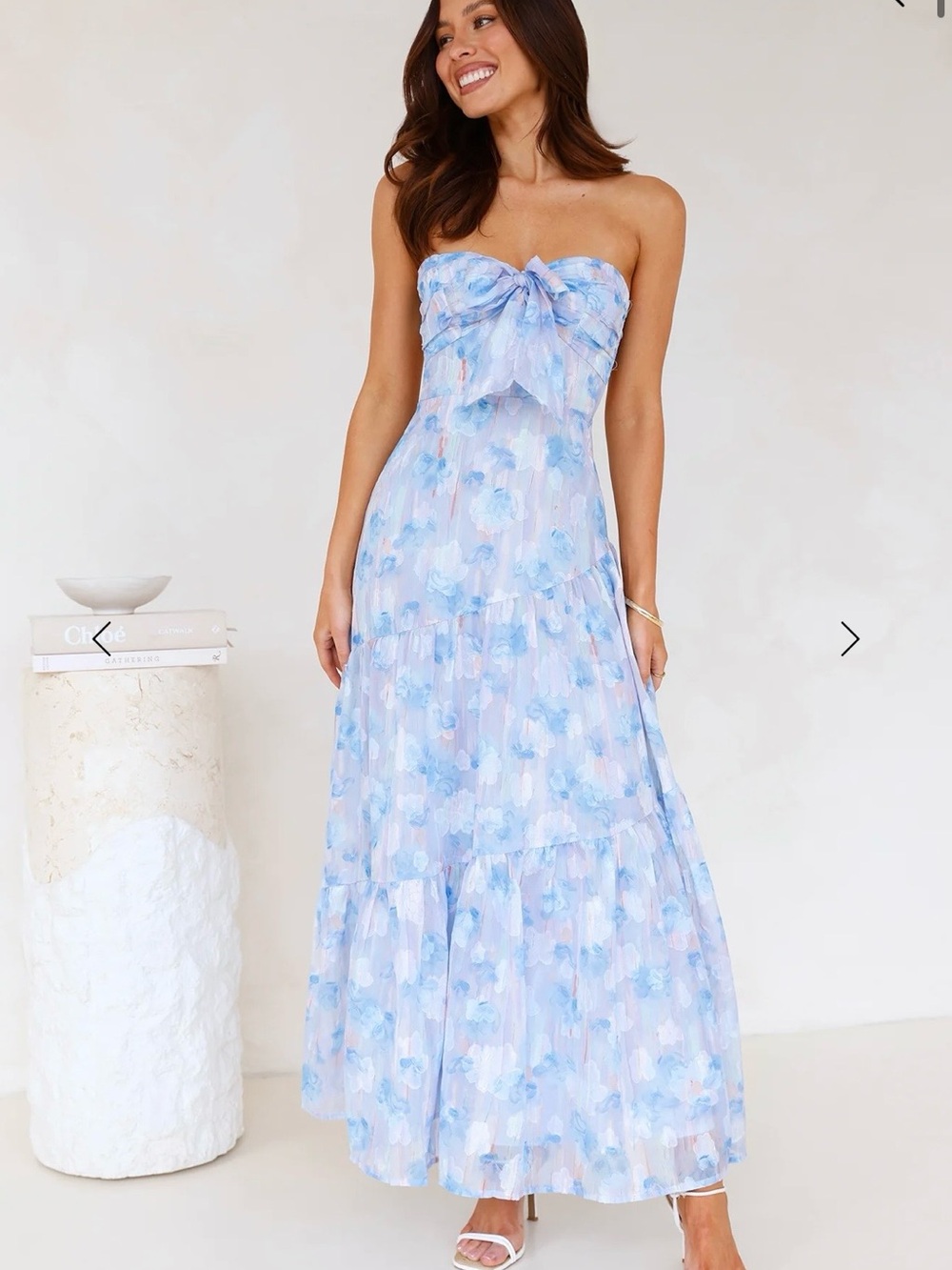 Hello Molly ETHEREAL SPRING STRAPLESS MAXI DRESS BLUE